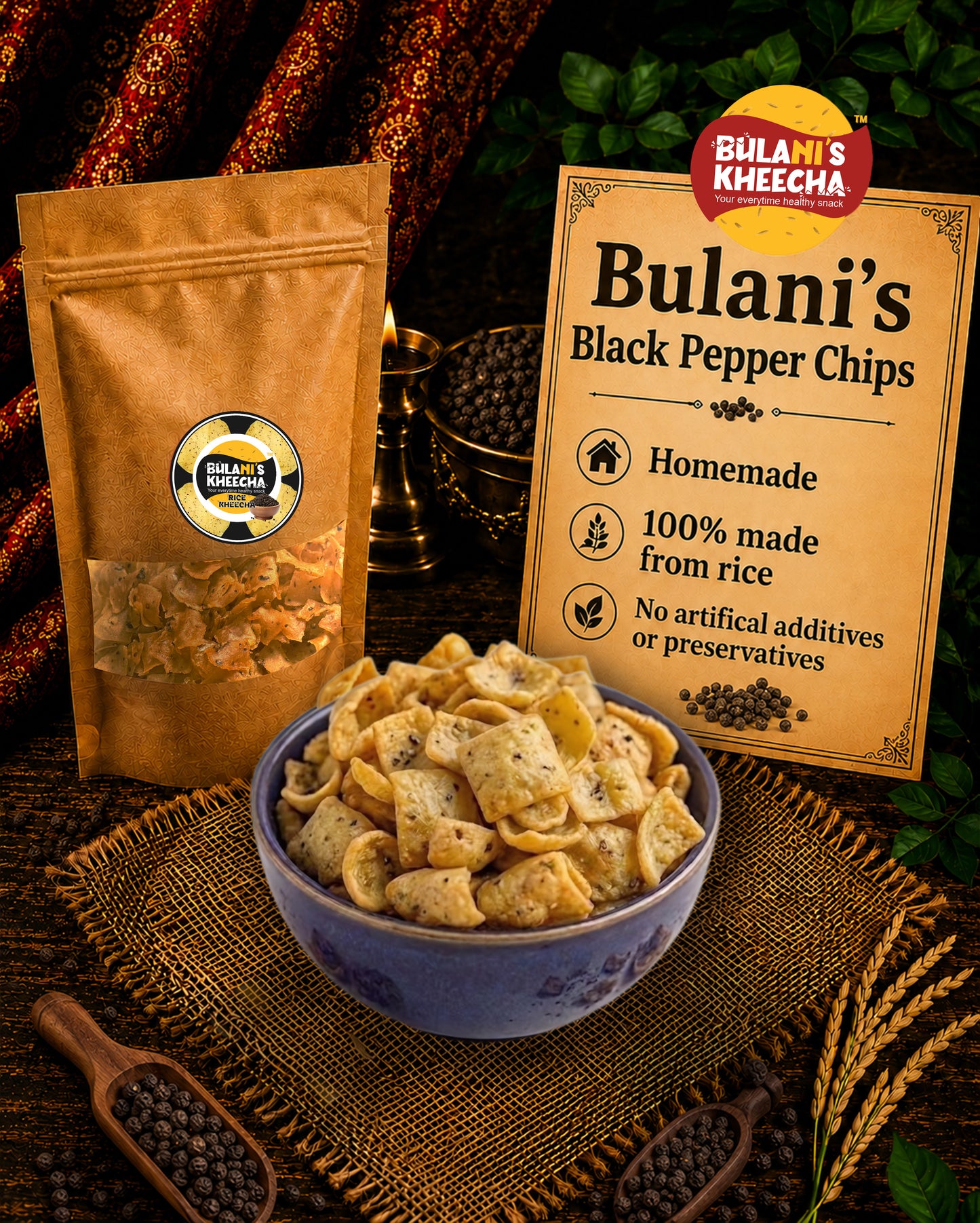 Bulani's Rice Chips | Available in 3 variants | Red Chilli | Black Pepper | Green Chilli | 3 packets in a box of each flavour | Ready to Microwave, Airfry or Fry |