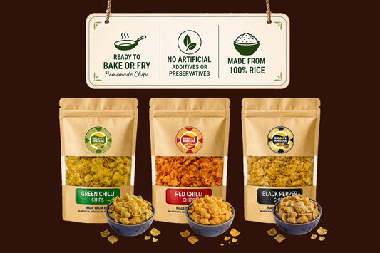 Bulani's Rice Chips | Available in 3 variants | Red Chilli | Black Pepper | Green Chilli | 3 packets in a box of each flavour | Ready to Microwave, Airfry or Fry |